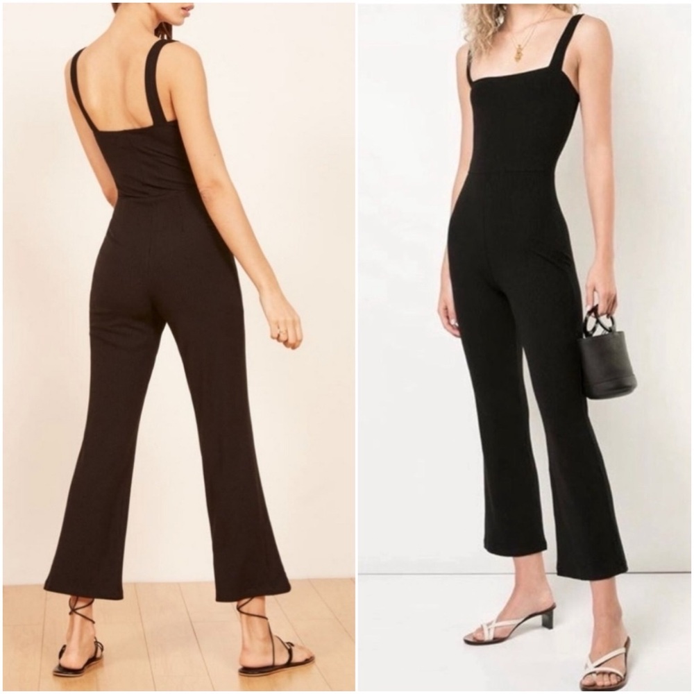 Reformation Essie Black Ribbed Flare Jumpsuit sz L Sleeveless Square Neckline